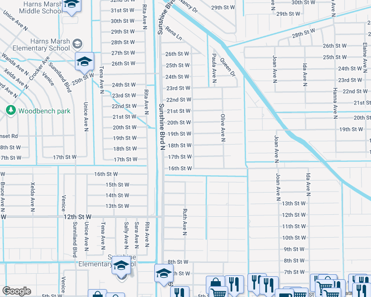 map of restaurants, bars, coffee shops, grocery stores, and more near 3305 18th Street West in Lehigh Acres