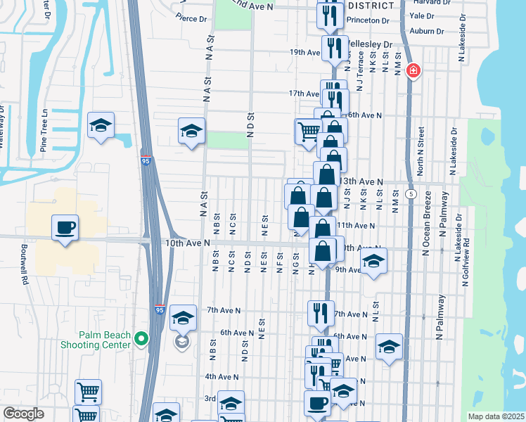 map of restaurants, bars, coffee shops, grocery stores, and more near 1117 North E Street in Lake Worth