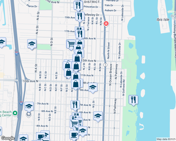 map of restaurants, bars, coffee shops, grocery stores, and more near 1121 North K Street in Lake Worth