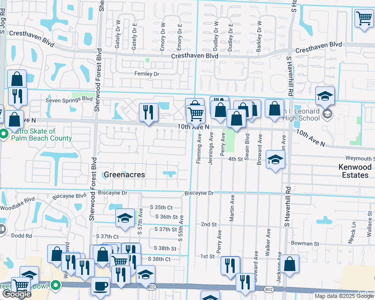 map of restaurants, bars, coffee shops, grocery stores, and more near 65 Lancaster Drive in Greenacres