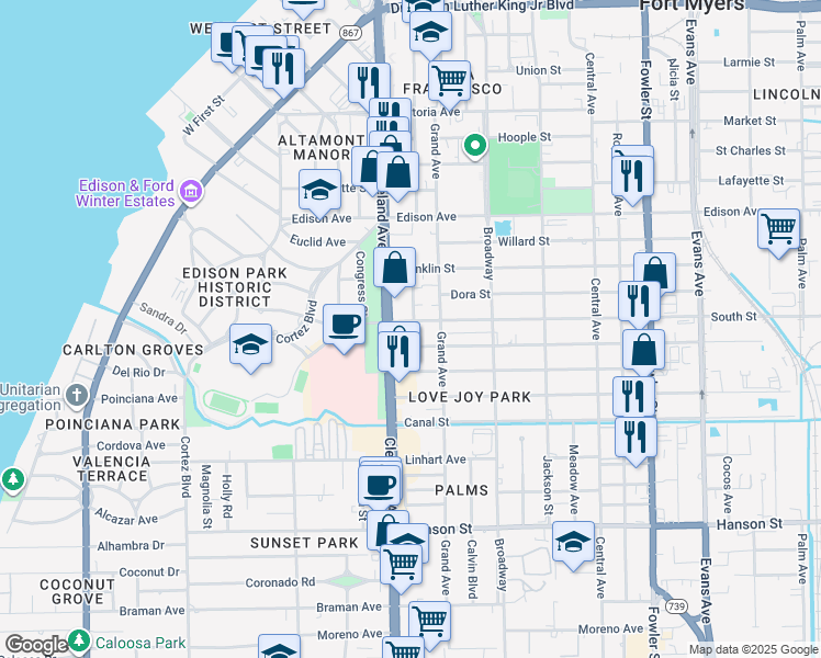 map of restaurants, bars, coffee shops, grocery stores, and more near 2024 South Street in Fort Myers
