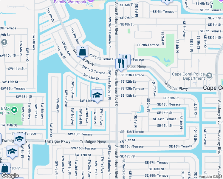 map of restaurants, bars, coffee shops, grocery stores, and more near 1221 Southwest Santa Barbara Place in Cape Coral