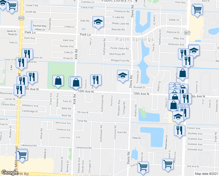 map of restaurants, bars, coffee shops, grocery stores, and more near 3215 Rostan Lane in Lake Worth