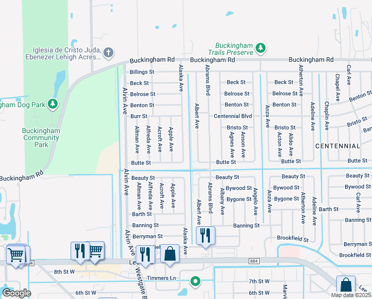 map of restaurants, bars, coffee shops, grocery stores, and more near 1012 Alaska Avenue in Lehigh Acres