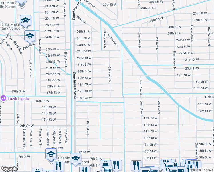 map of restaurants, bars, coffee shops, grocery stores, and more near 3203 18th Street West in Lehigh Acres
