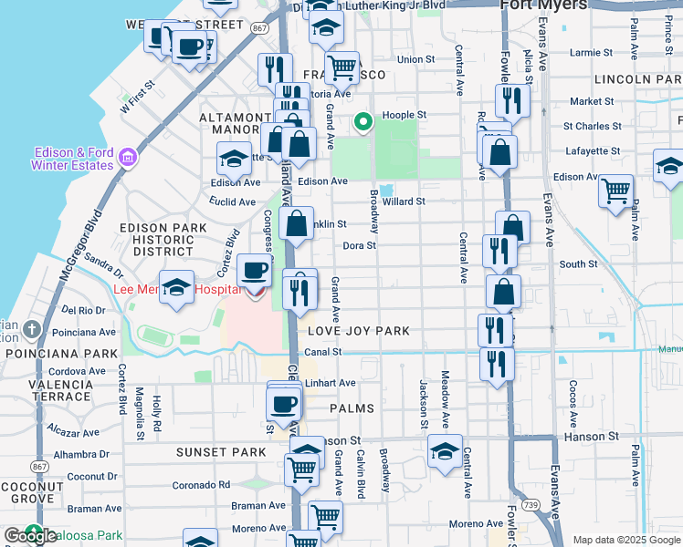 map of restaurants, bars, coffee shops, grocery stores, and more near 2102 South Street in Fort Myers
