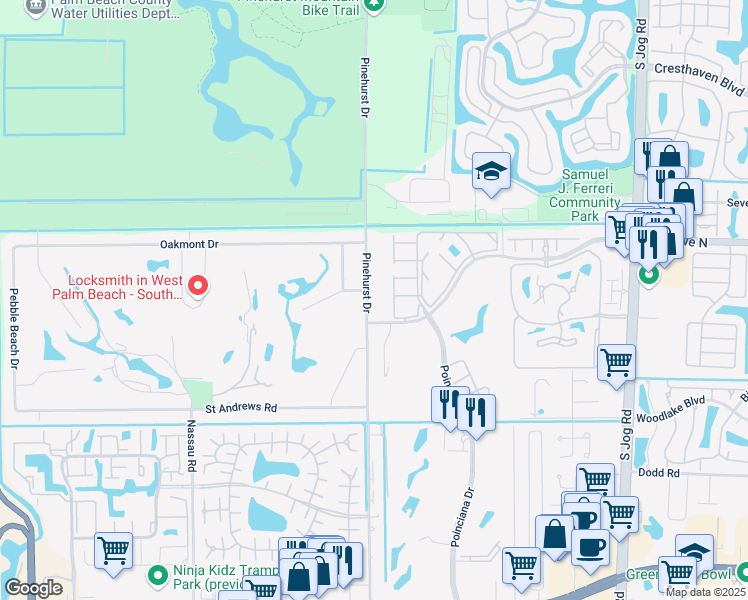 map of restaurants, bars, coffee shops, grocery stores, and more near 3188 Pinehurst Drive in Lake Worth