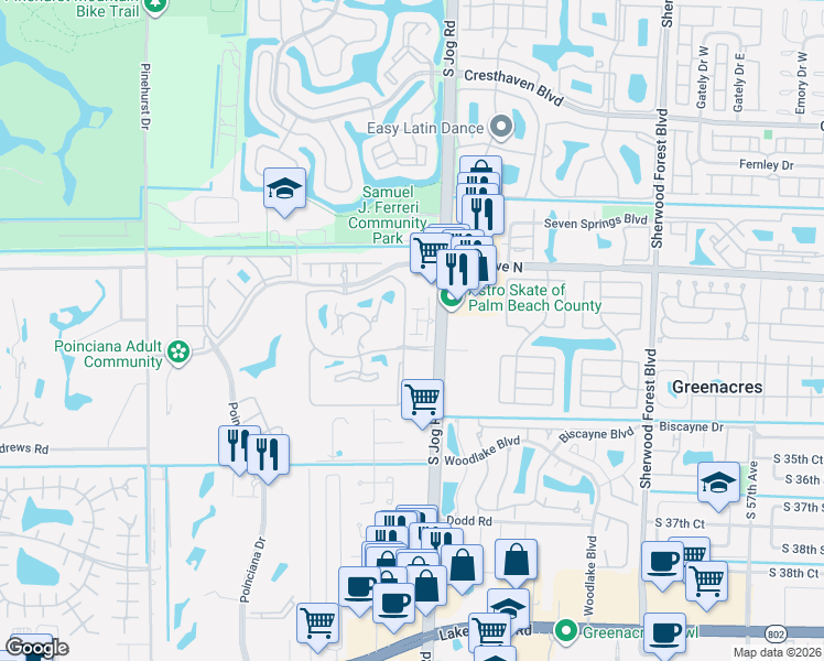 map of restaurants, bars, coffee shops, grocery stores, and more near 3461 Jog Park Drive in Greenacres
