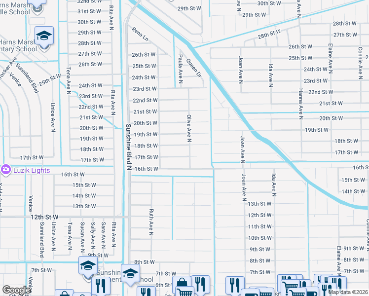 map of restaurants, bars, coffee shops, grocery stores, and more near 3203 18th Street West in Lehigh Acres