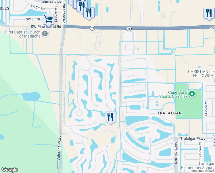 map of restaurants, bars, coffee shops, grocery stores, and more near 11916 King James Court in Cape Coral