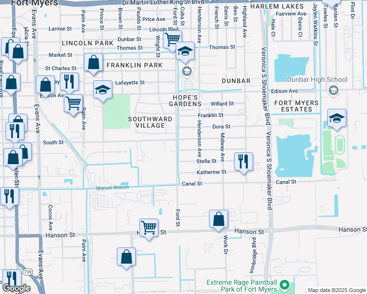 map of restaurants, bars, coffee shops, grocery stores, and more near 3217 Jeffcott Street in Fort Myers