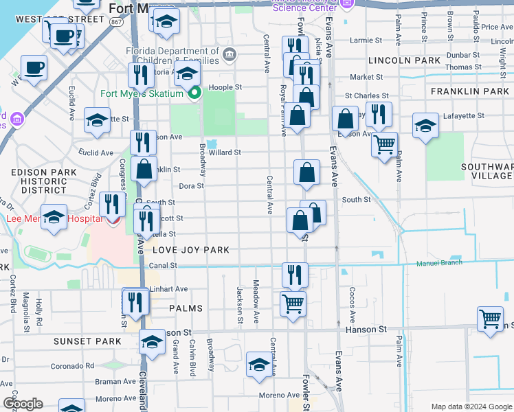 map of restaurants, bars, coffee shops, grocery stores, and more near 2344 South Street in Fort Myers