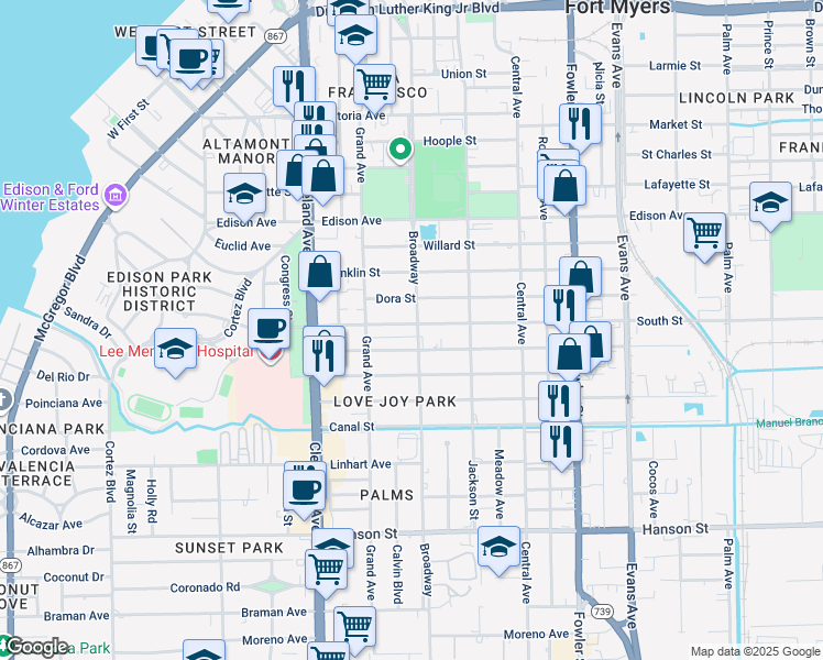 map of restaurants, bars, coffee shops, grocery stores, and more near 2170 South Street in Fort Myers