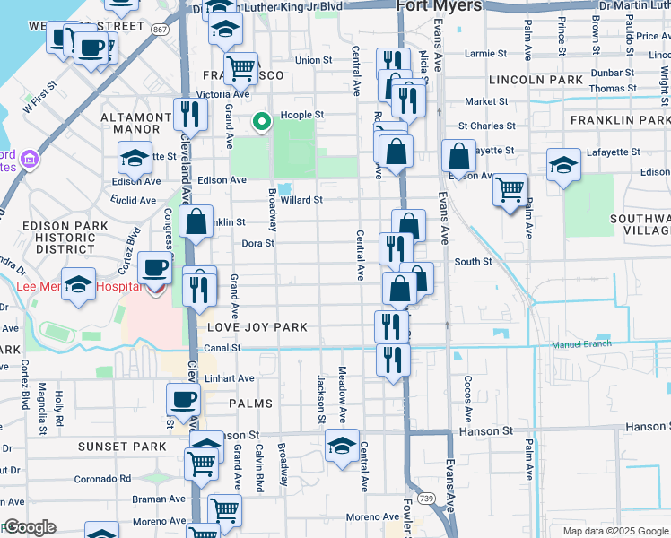 map of restaurants, bars, coffee shops, grocery stores, and more near 2344 South Street in Fort Myers