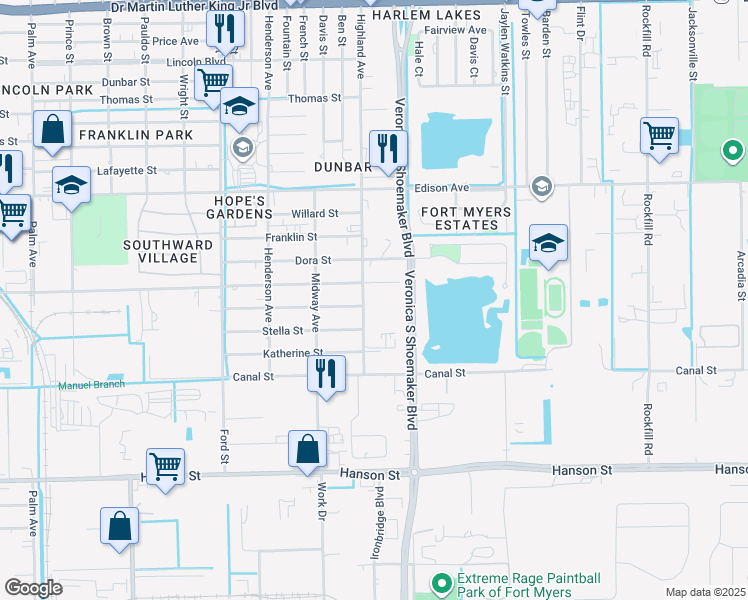 map of restaurants, bars, coffee shops, grocery stores, and more near 3513 Jeffcott Street in Fort Myers