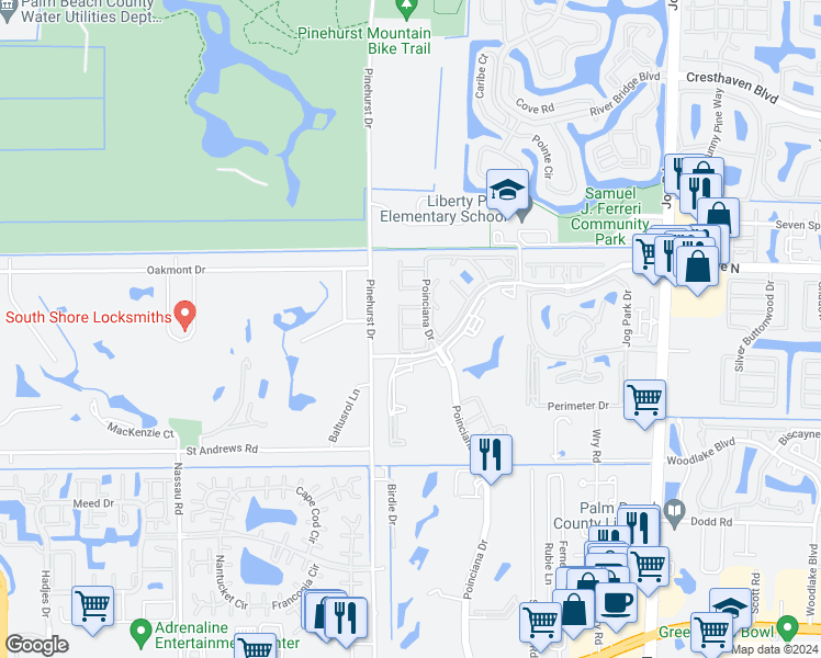 map of restaurants, bars, coffee shops, grocery stores, and more near 3212 Strawflower Way in Greenacres