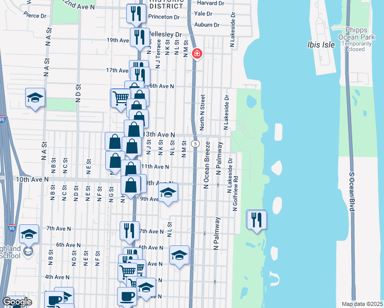 map of restaurants, bars, coffee shops, grocery stores, and more near 1131 North Federal Highway in Lake Worth