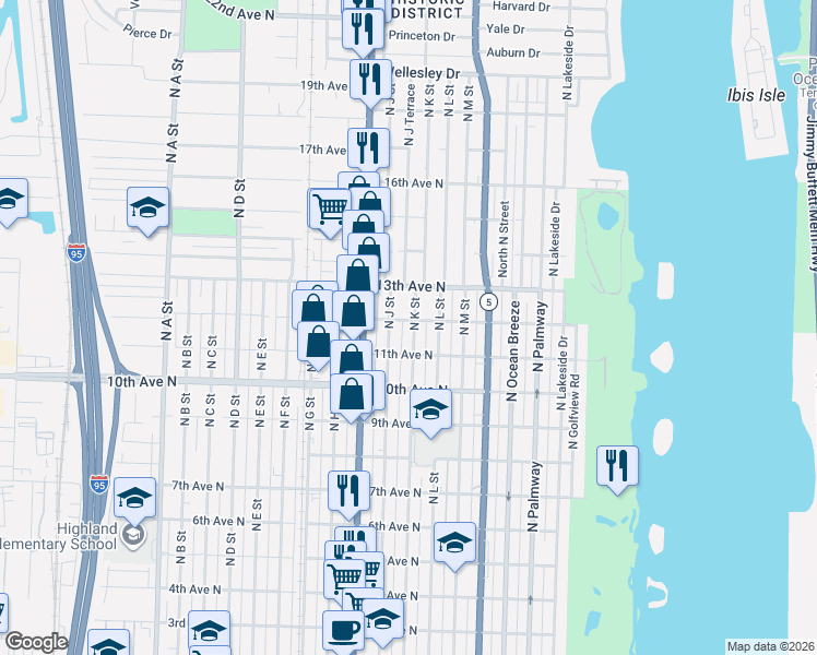 map of restaurants, bars, coffee shops, grocery stores, and more near 1125 North K Street in Lake Worth Beach