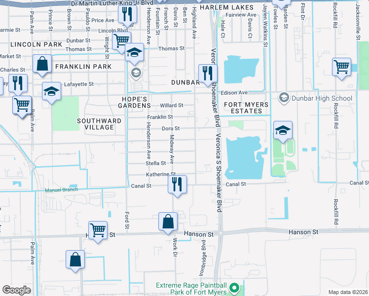 map of restaurants, bars, coffee shops, grocery stores, and more near 3429 Jeffcott Street in Fort Myers