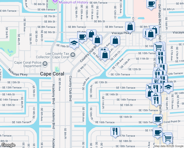map of restaurants, bars, coffee shops, grocery stores, and more near 1109 Southeast 10th Avenue in Cape Coral