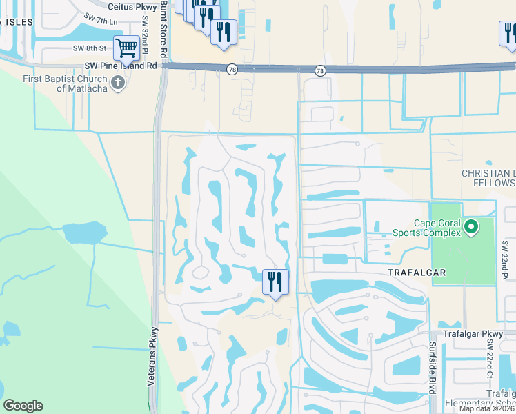 map of restaurants, bars, coffee shops, grocery stores, and more near 11916 King James Court in Cape Coral