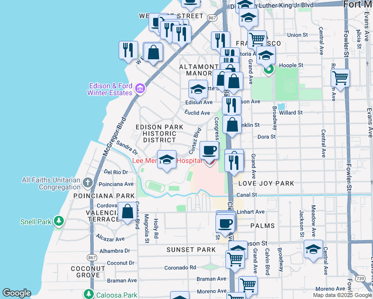 map of restaurants, bars, coffee shops, grocery stores, and more near 2606 Cortez Boulevard in Fort Myers