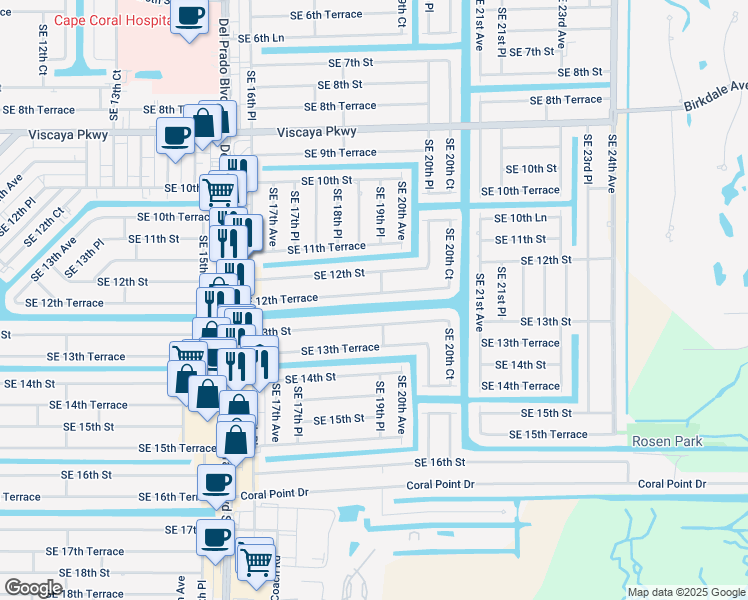 map of restaurants, bars, coffee shops, grocery stores, and more near 1914 Southeast 12th Terrace in Cape Coral