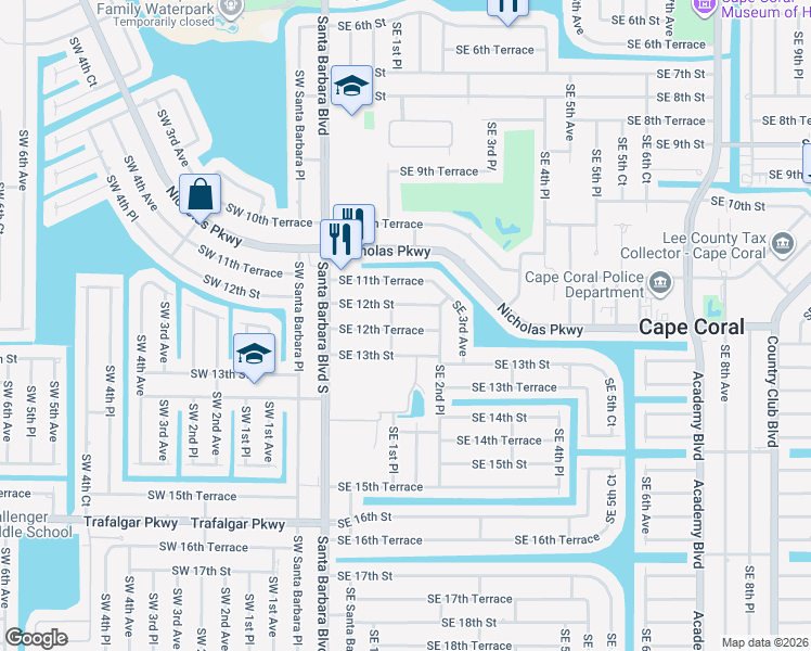map of restaurants, bars, coffee shops, grocery stores, and more near 202 Southeast 12th Terrace in Cape Coral