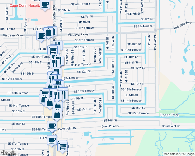 map of restaurants, bars, coffee shops, grocery stores, and more near 1914 Southeast 12th Terrace in Cape Coral