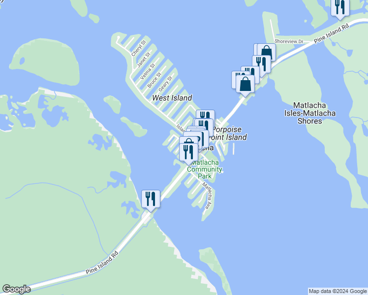 map of restaurants, bars, coffee shops, grocery stores, and more near 2644 Cajuput Street in Matlacha