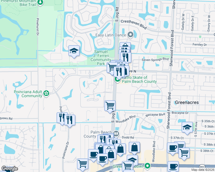 map of restaurants, bars, coffee shops, grocery stores, and more near 3193 Santa Catalina Place in Greenacres