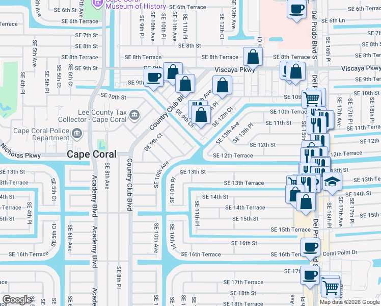 map of restaurants, bars, coffee shops, grocery stores, and more near 1015 Southeast 12th Lane in Cape Coral