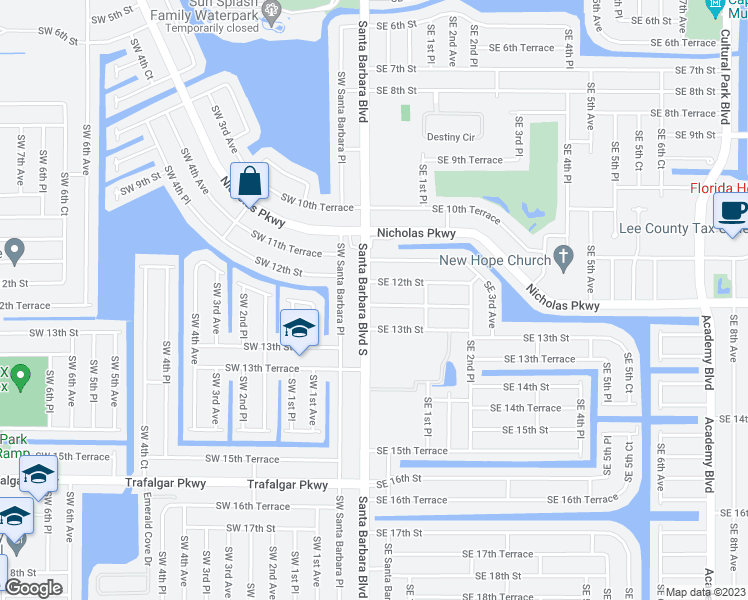 map of restaurants, bars, coffee shops, grocery stores, and more near 103 Southeast 12th Terrace in Cape Coral