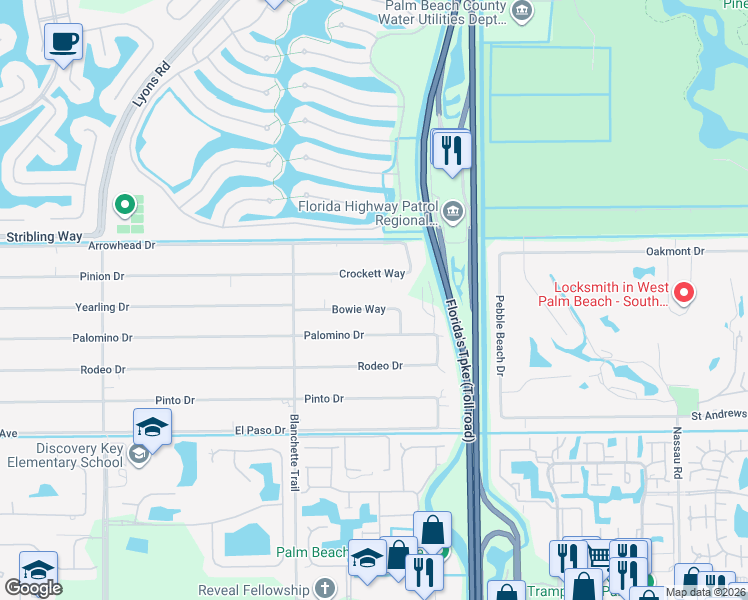 map of restaurants, bars, coffee shops, grocery stores, and more near 8293 Bowie Way in Lake Worth