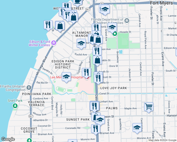map of restaurants, bars, coffee shops, grocery stores, and more near 1917 Llewellyn Drive in Fort Myers