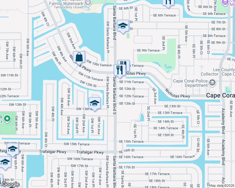 map of restaurants, bars, coffee shops, grocery stores, and more near 101 Southeast 12th Terrace in Cape Coral