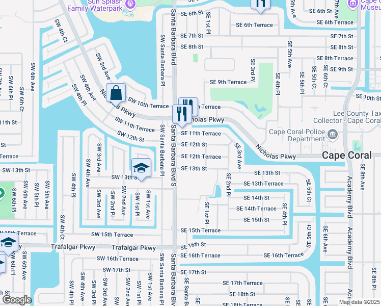 map of restaurants, bars, coffee shops, grocery stores, and more near 110 Southeast 12th Terrace in Cape Coral