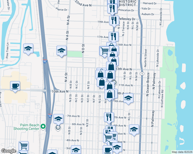 map of restaurants, bars, coffee shops, grocery stores, and more near 1130 North F Street in Lake Worth
