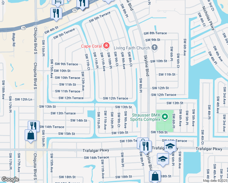 map of restaurants, bars, coffee shops, grocery stores, and more near 1205 Southwest 10th Place in Cape Coral