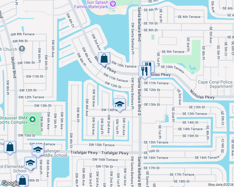 map of restaurants, bars, coffee shops, grocery stores, and more near 115 Southwest 12th Terrace in Cape Coral