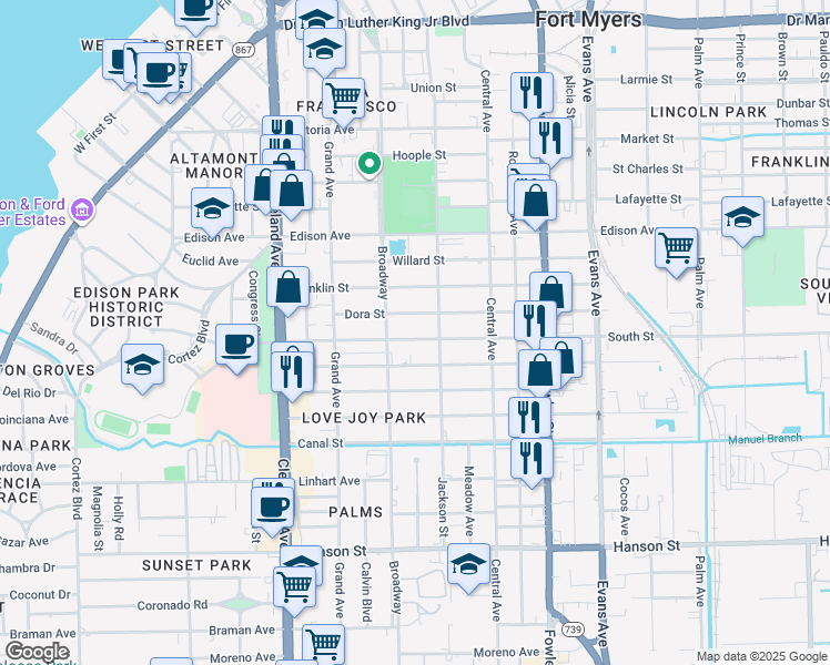 map of restaurants, bars, coffee shops, grocery stores, and more near 2248 South Street in Fort Myers