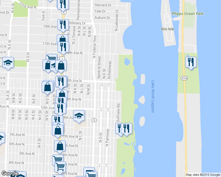 map of restaurants, bars, coffee shops, grocery stores, and more near 1126 North Lakeside Drive in Lake Worth
