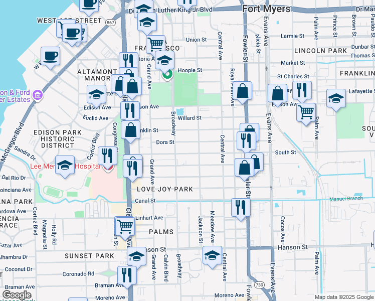 map of restaurants, bars, coffee shops, grocery stores, and more near 2248 South Street in Fort Myers