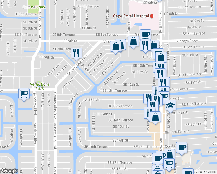 map of restaurants, bars, coffee shops, grocery stores, and more near 1302-1306 Southeast 12th Terrace in Cape Coral