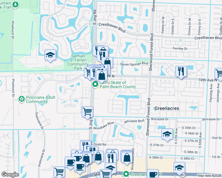 map of restaurants, bars, coffee shops, grocery stores, and more near 3201 Silver Buttonwood Drive in Greenacres