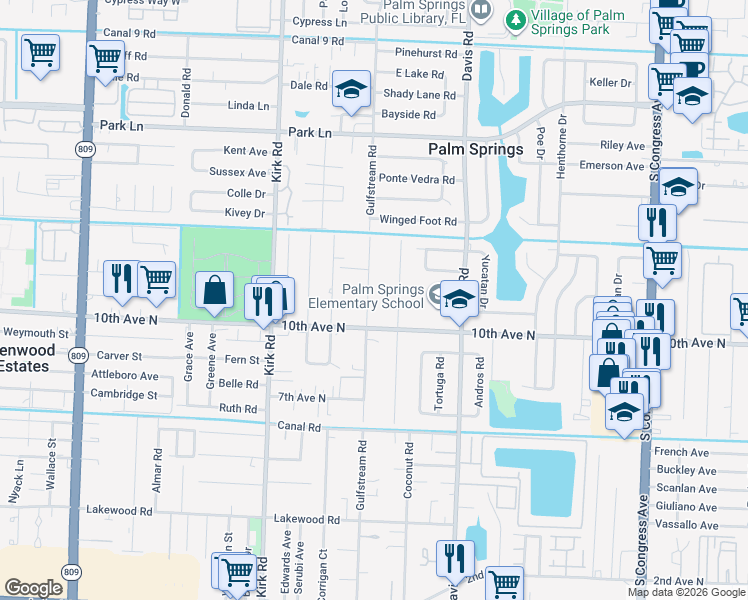 map of restaurants, bars, coffee shops, grocery stores, and more near 3215 Rostan Lane in Lake Worth