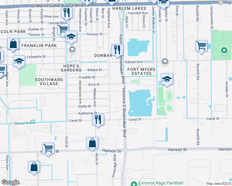 map of restaurants, bars, coffee shops, grocery stores, and more near 3513 Jeffcott Street in Fort Myers