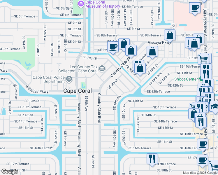 map of restaurants, bars, coffee shops, grocery stores, and more near 1003 Southeast 12th Terrace in Cape Coral