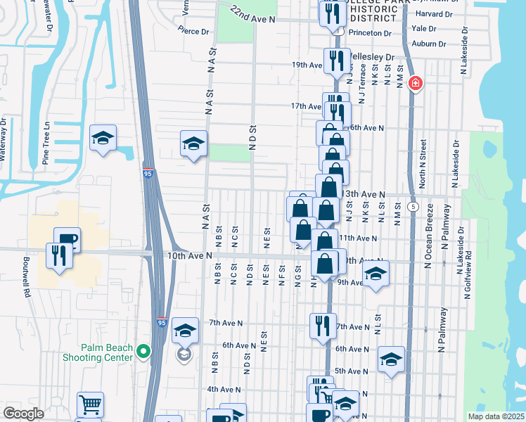 map of restaurants, bars, coffee shops, grocery stores, and more near 1117 North E Street in Lake Worth