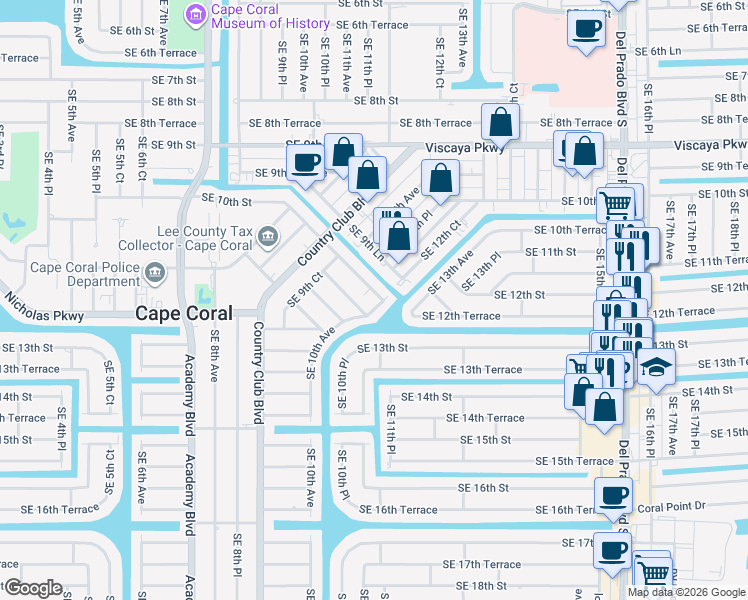 map of restaurants, bars, coffee shops, grocery stores, and more near 1015 Southeast 12th Lane in Cape Coral